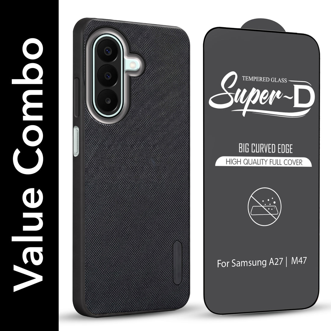 For Samsung A27 5G | Samsung M47 5G Combo with Back Cover and 9H Tempered Glass (Textured Grip Design | Micro-Fiber Cloth Inside | Oleophobic Coating Screen Glass)
