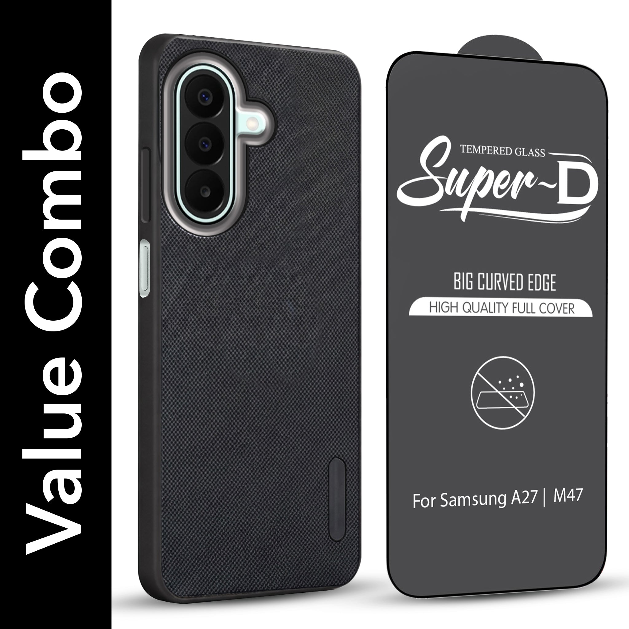 For Samsung A27 5G | Samsung M47 5G Combo with Back Cover and 9H Tempered Glass (Textured Grip Design | Micro-Fiber Cloth Inside | Oleophobic Coating Screen Glass)