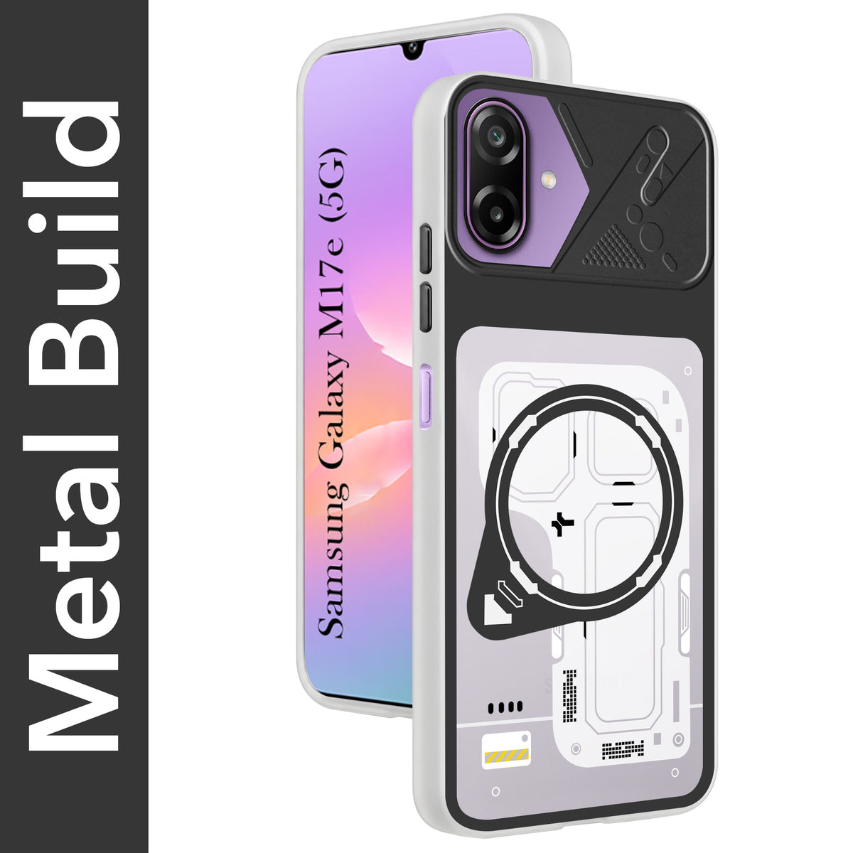 For Samsung Galaxy M17e Metallic Back Cover Case (Metallic Camera Protection & Buttons | Translucent Milky Shade | Hard Polycarbonate)