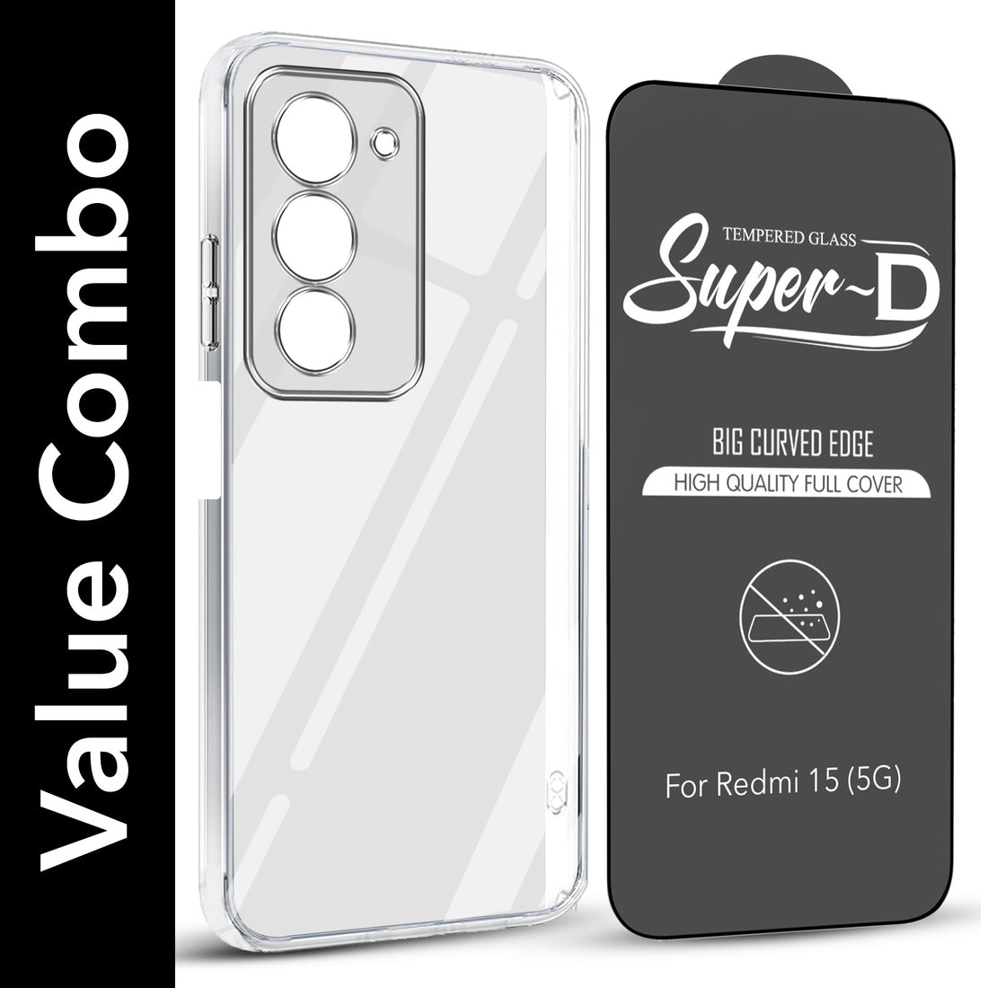 For Redmi 15 Combo with Back Cover and 9H Tempered Glass (Lifetime Anti-Yellow | Sleek Hard Crystal | Oleophobic Coating Screen Glass)