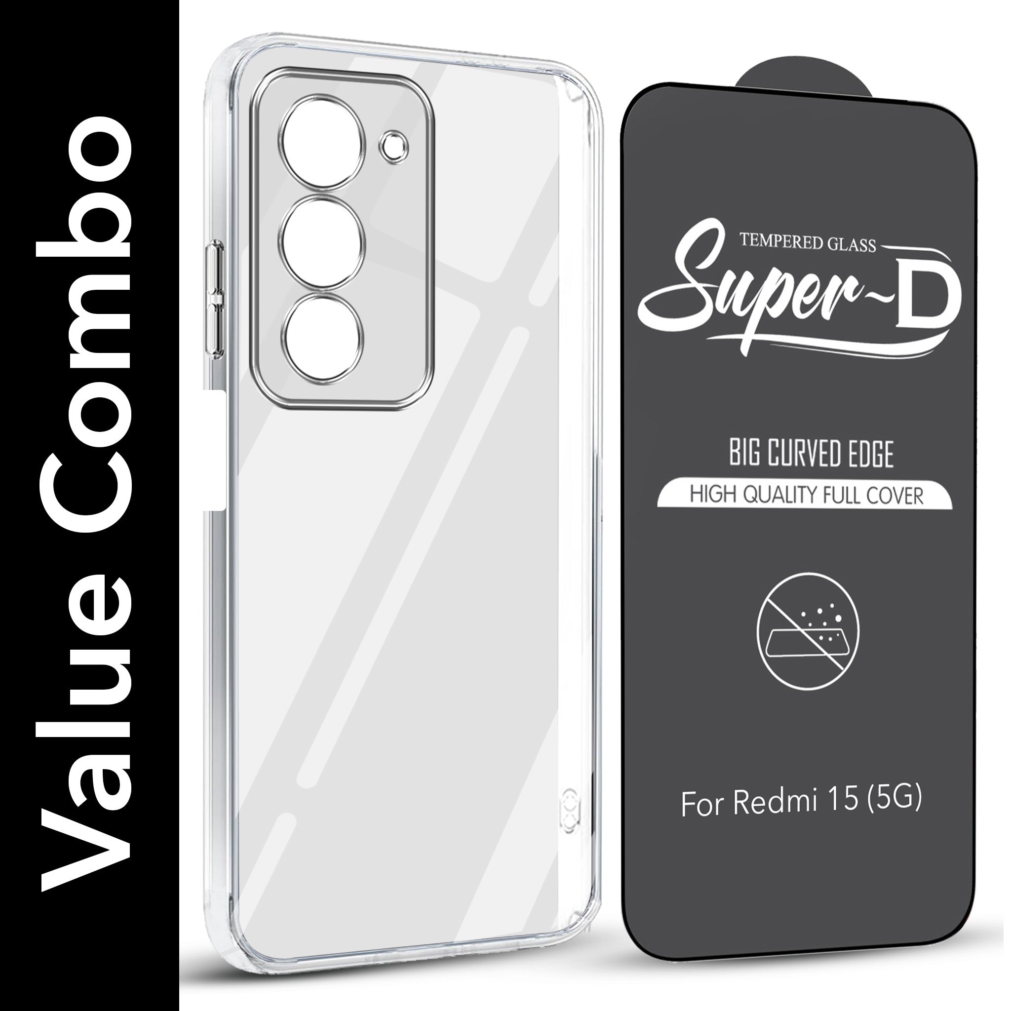 For Redmi 15 Combo with Back Cover and 9H Tempered Glass (Lifetime Anti-Yellow | Sleek Hard Crystal | Oleophobic Coating Screen Glass)
