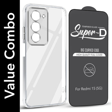For Redmi 15 Combo with Back Cover and 9H Tempered Glass (Lifetime Anti-Yellow | Sleek Hard Crystal | Oleophobic Coating Screen Glass)