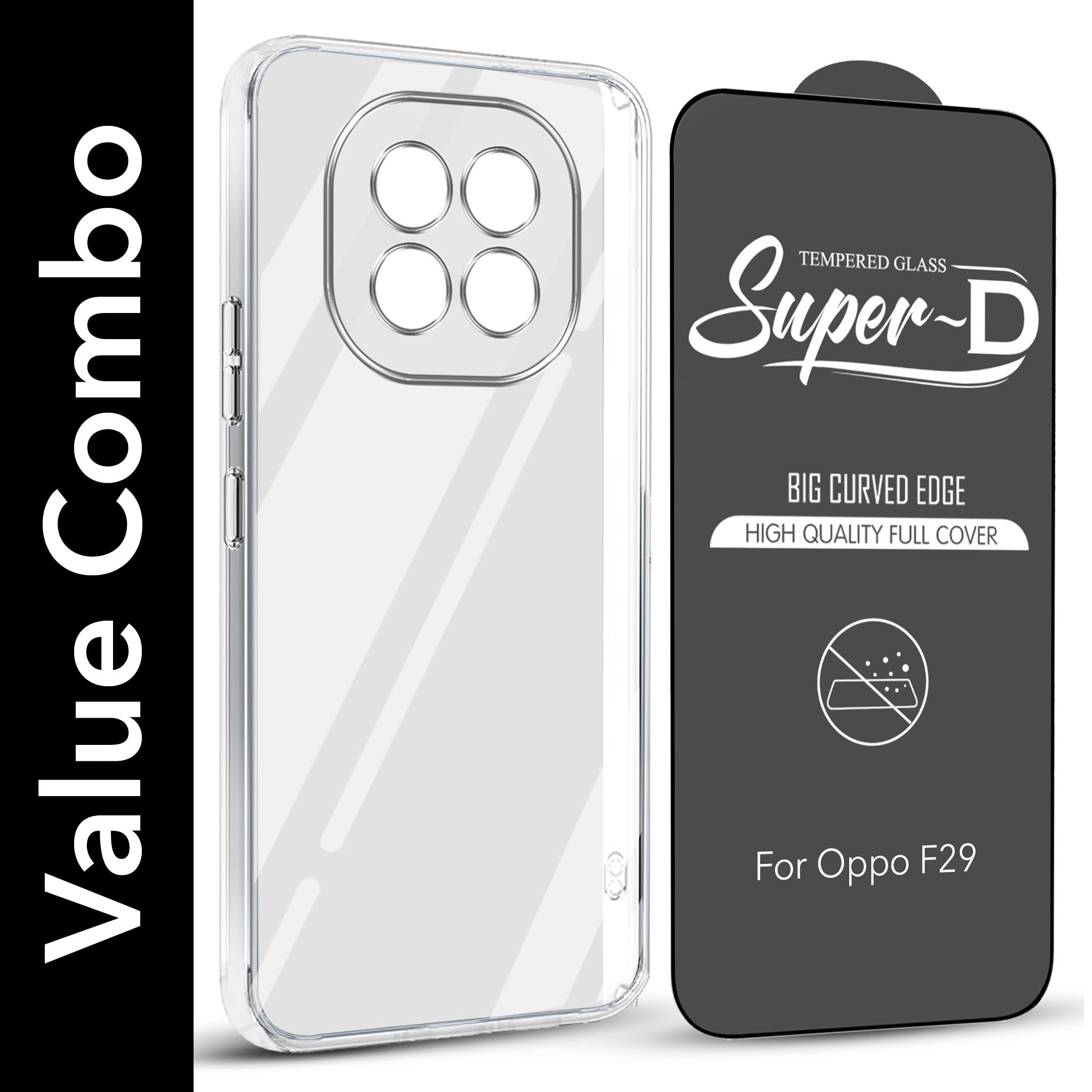 For Oppo F29 Combo with Back Cover and 9H Tempered Glass (Lifetime Anti-Yellow | Sleek Hard Crystal | Oleophobic Coating Screen Glass)