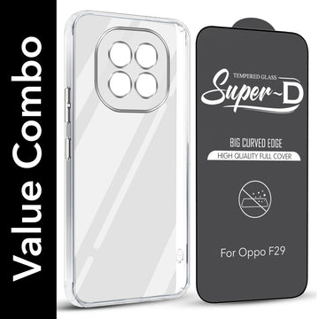 For Oppo F29 Combo with Back Cover and 9H Tempered Glass (Lifetime Anti-Yellow | Sleek Hard Crystal | Oleophobic Coating Screen Glass)