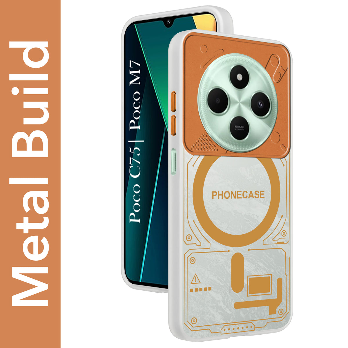 For Poco C75 | Poco M7 Metallic Back Cover Case (Metallic Camera Protection & Buttons | Translucent Milky Shade | Hard Polycarbonate)