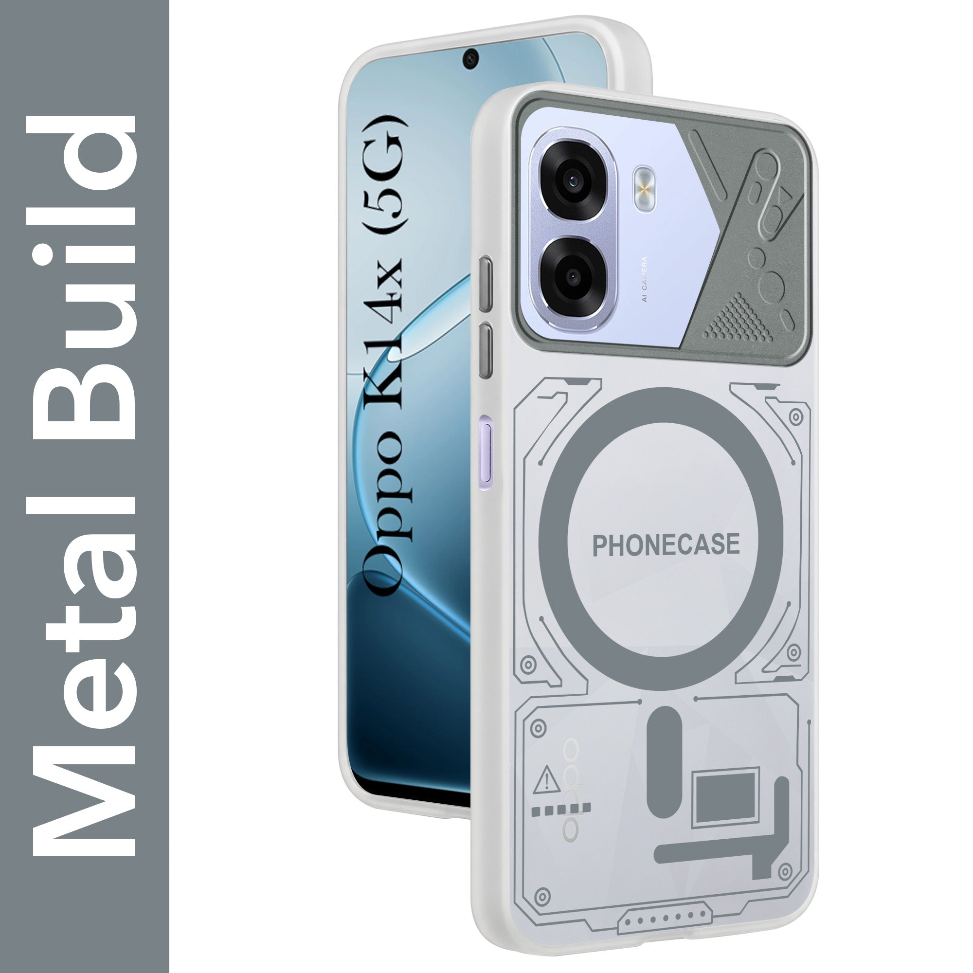 For Oppo K14x 5G Metallic Back Cover Case (Metallic Camera Protection & Buttons | Translucent Milky Shade | Hard Polycarbonate)