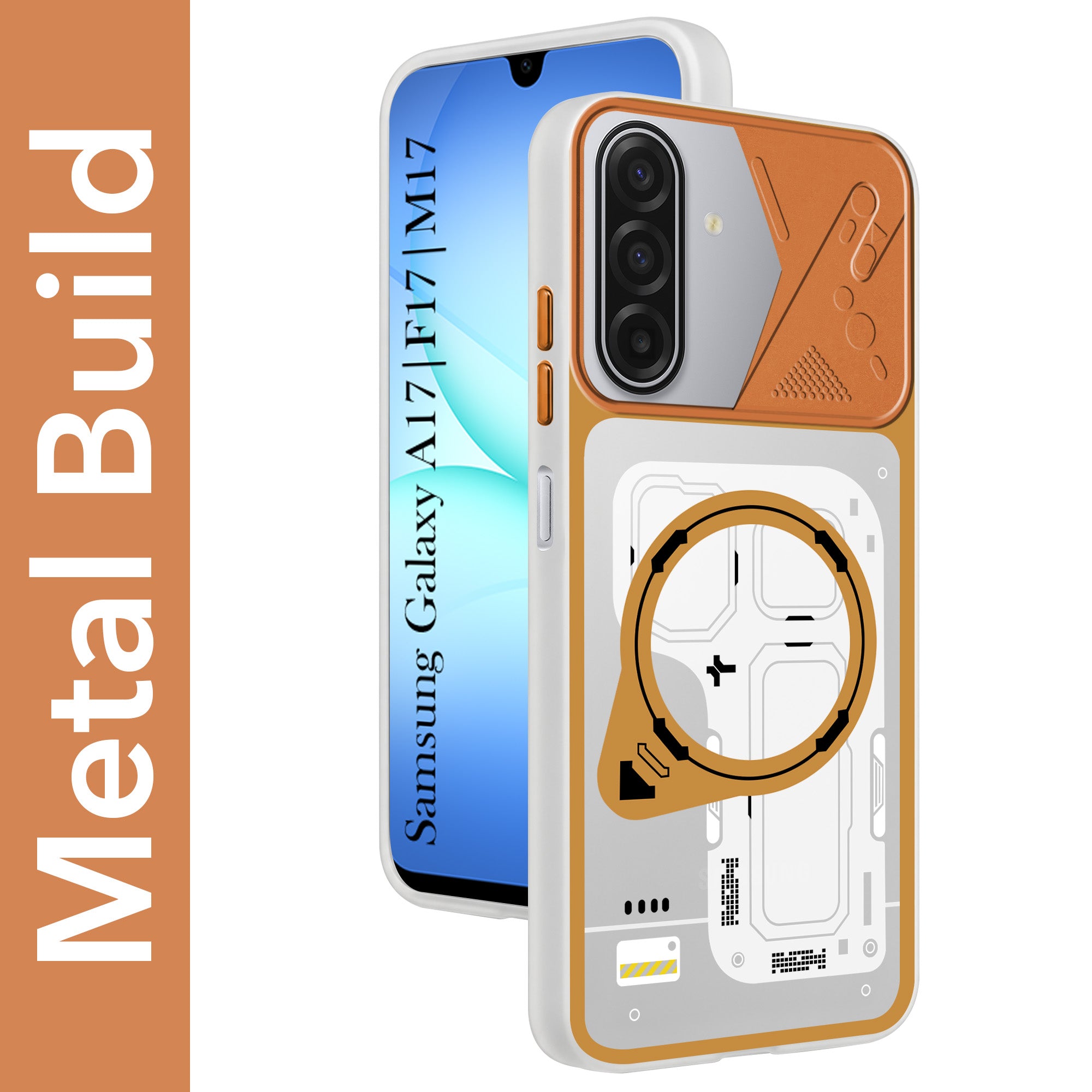 For Samsung Galaxy A17 | Samsung F17 | Samsung M17 5G Metallic Back Cover Case (Metallic Camera Protection & Buttons | Translucent Milky Shade | Hard Polycarbonate)
