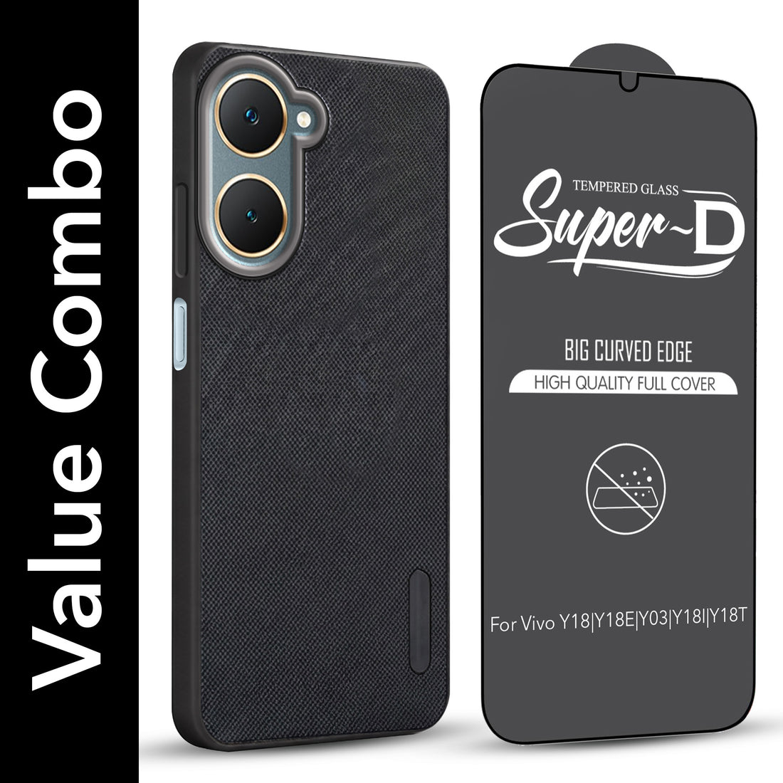 For Vivo Y18 | Y18e | Y03 | Y18i | Y18t Combo (Textured Grip Design | Micro-Fiber Cloth Inside | Oleophobic Coating Screen Glass)