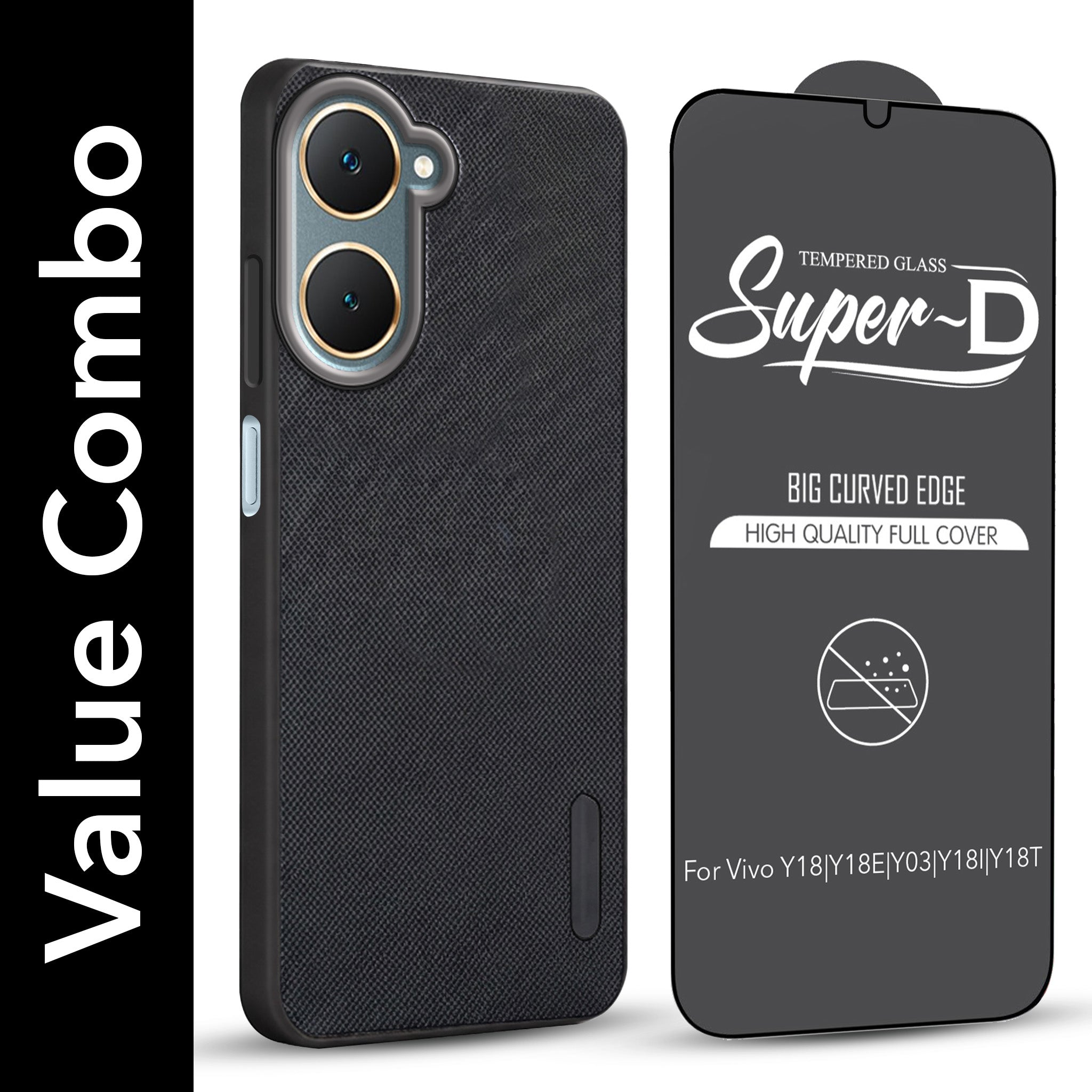 For Vivo Y18 | Y18e | Y03 | Y18i | Y18t Combo (Textured Grip Design | Micro-Fiber Cloth Inside | Oleophobic Coating Screen Glass)