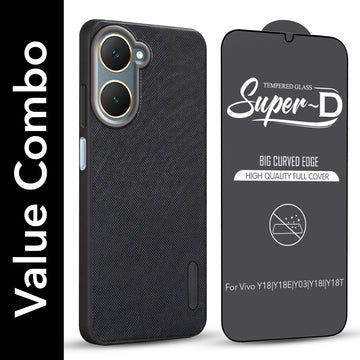 For Vivo Y18 | Y18e | Y03 | Y18i | Y18t Combo (Textured Grip Design | Micro-Fiber Cloth Inside | Oleophobic Coating Screen Glass)