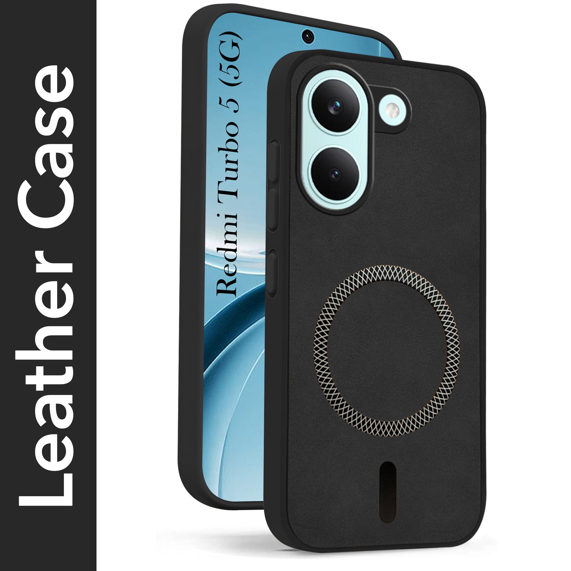 For Redmi Turbo 5 Back Cover Case Leather Finish (MagSafe Compatible Wireless Charging | Soft Touch | Camera Bump Protection)