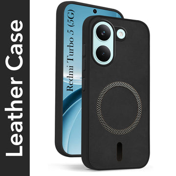 For Redmi Turbo 5 Back Cover Case Leather Finish (MagSafe Compatible Wireless Charging | Soft Touch | Camera Bump Protection)