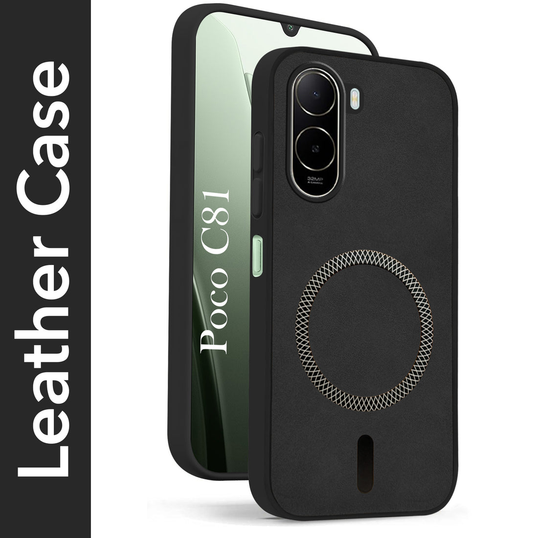 For Poco C81 Back Cover Case Leather Finish (MagSafe Compatible Wireless Charging | Soft Touch | Camera Bump Protection)