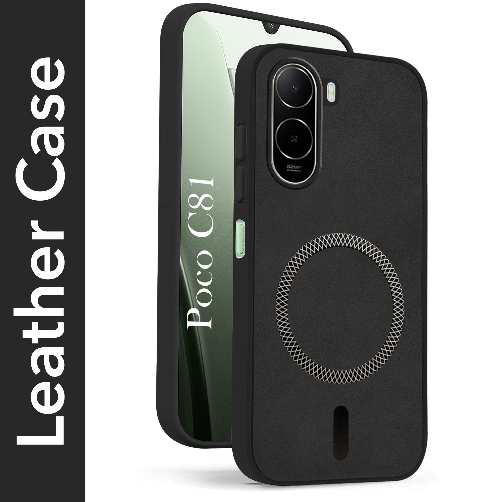For Poco C81 Back Cover Case Leather Finish (MagSafe Compatible Wireless Charging | Soft Touch | Camera Bump Protection)
