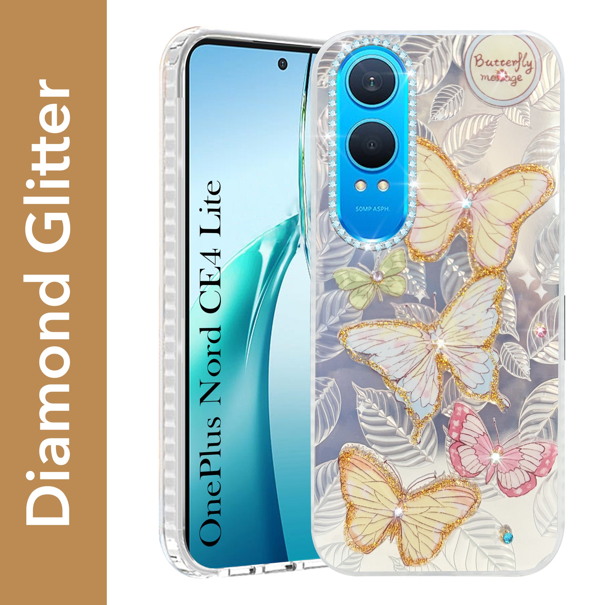 For OnePlus Nord CE 4 Lite Back Cover Case (Luxury Floral Glitter Cute Butterfly | Diamond Studded Camera Bump | Girls & Women Design)