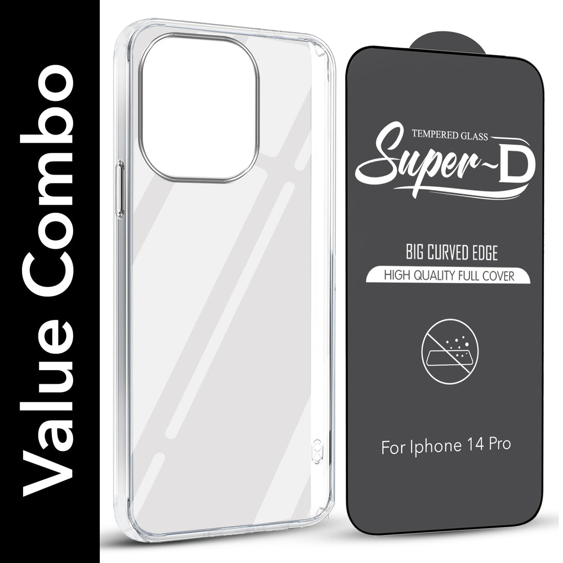 For Apple iPhone 14 Pro Combo with Back Cover and 9H Tempered Glass (Lifetime Anti-Yellow | Sleek Hard Crystal | Oleophobic Coating Screen Glass)