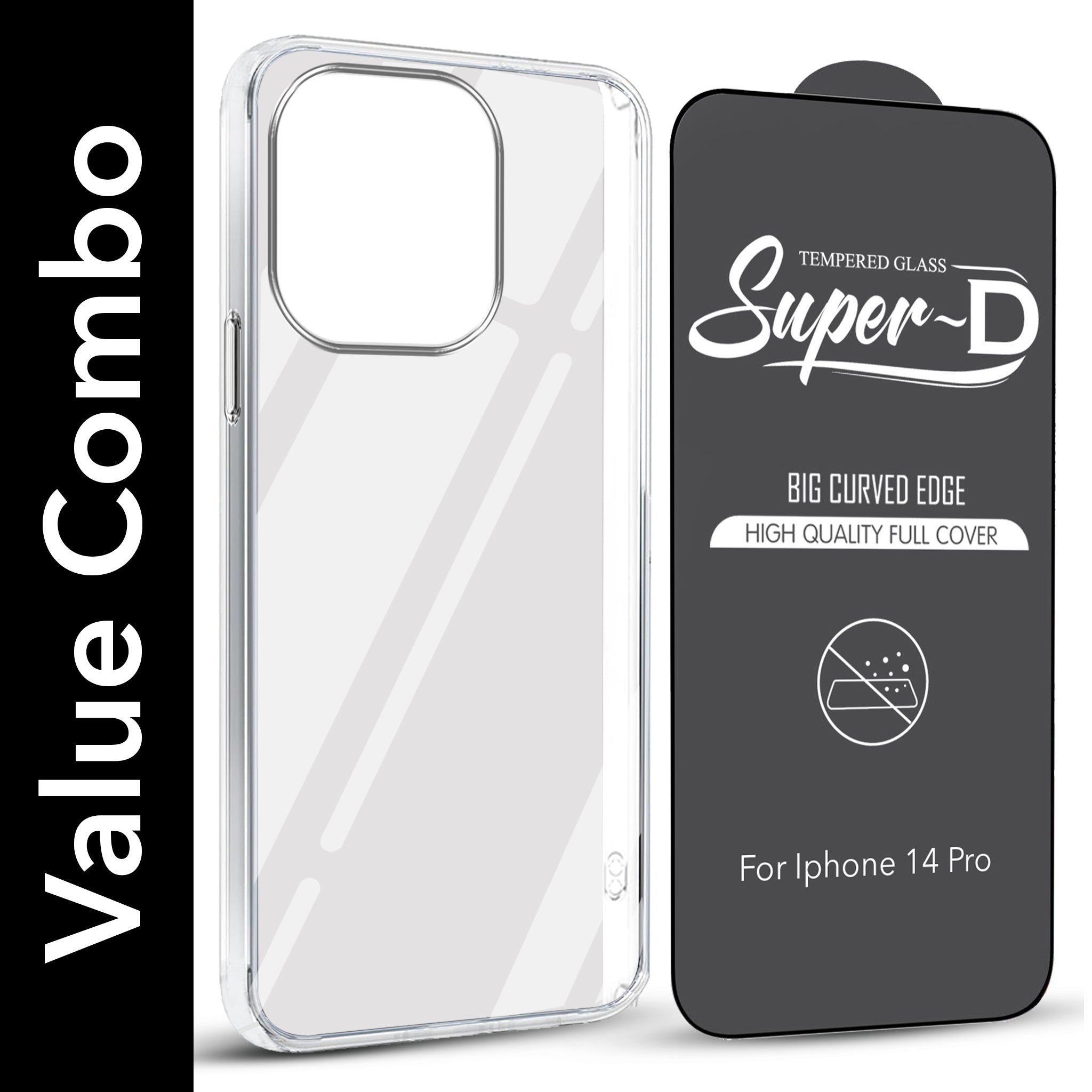 For Apple iPhone 14 Pro Combo with Back Cover and 9H Tempered Glass (Lifetime Anti-Yellow | Sleek Hard Crystal | Oleophobic Coating Screen Glass)