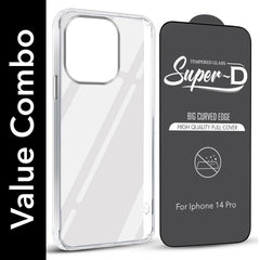 For Apple iPhone 14 Pro Combo with Back Cover and 9H Tempered Glass (Lifetime Anti-Yellow | Sleek Hard Crystal | Oleophobic Coating Screen Glass)