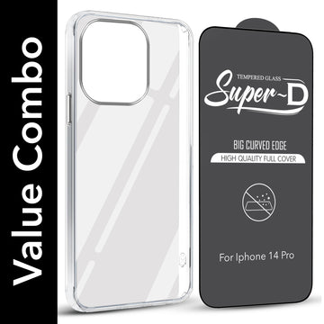 For Apple iPhone 14 Pro Combo with Back Cover and 9H Tempered Glass (Lifetime Anti-Yellow | Sleek Hard Crystal | Oleophobic Coating Screen Glass)