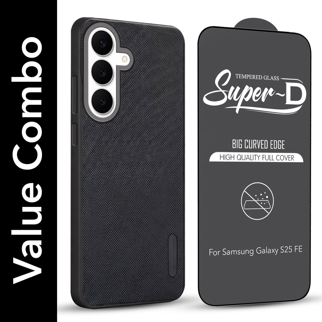 For Samsung Galaxy S25 FE Combo with Back Cover and 9H Tempered Glass (Textured Grip Design | Micro-Fiber Cloth Inside | Oleophobic Coating Screen Glass)