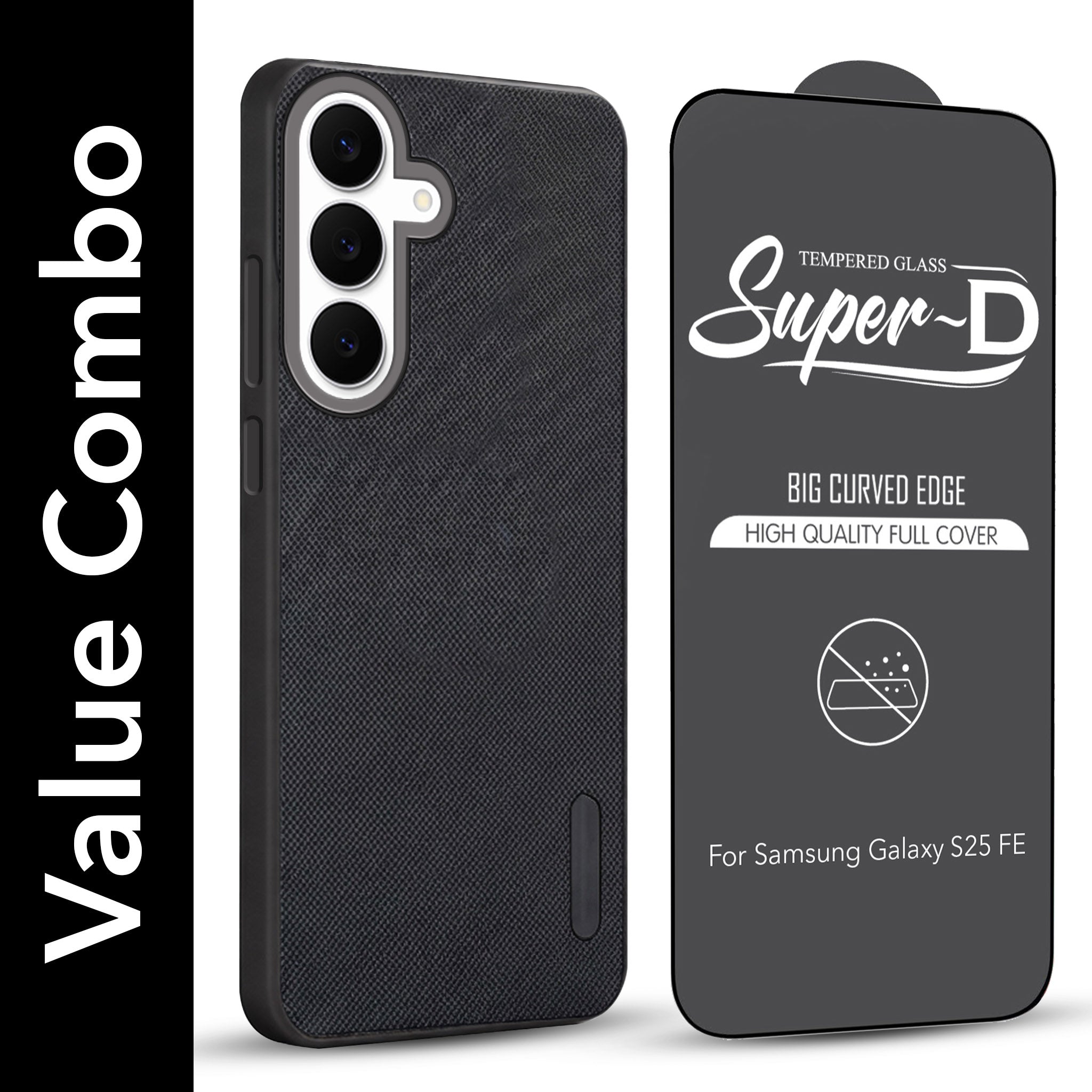 For Samsung Galaxy S25 FE Combo with Back Cover and 9H Tempered Glass (Textured Grip Design | Micro-Fiber Cloth Inside | Oleophobic Coating Screen Glass)
