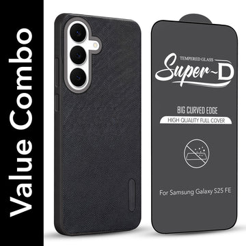 For Samsung Galaxy S25 FE Combo with Back Cover and 9H Tempered Glass (Textured Grip Design | Micro-Fiber Cloth Inside | Oleophobic Coating Screen Glass)