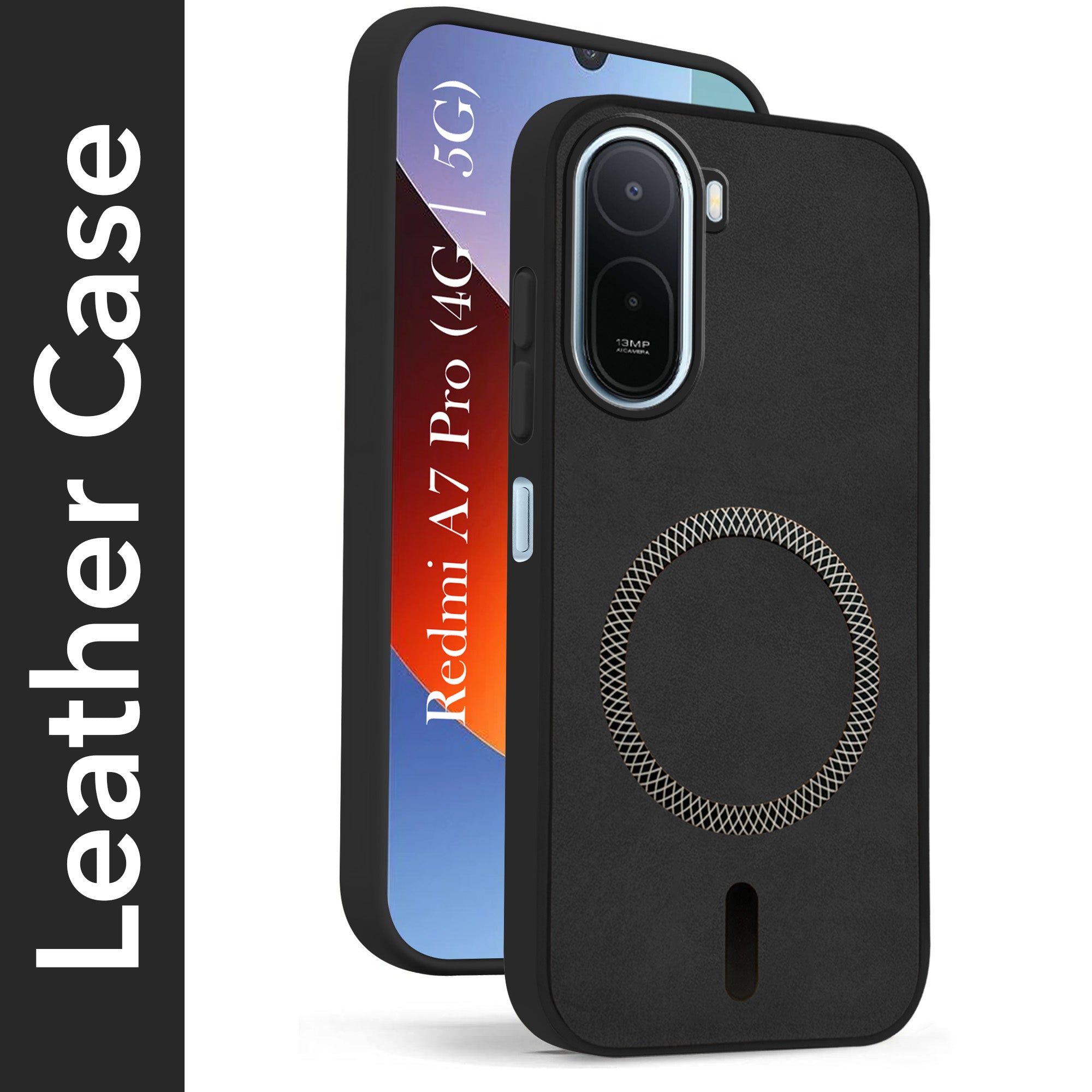 For Redmi A7 Pro 5G Back Cover Case Leather Finish (MagSafe Compatible Wireless Charging | Soft Touch | Camera Bump Protection)