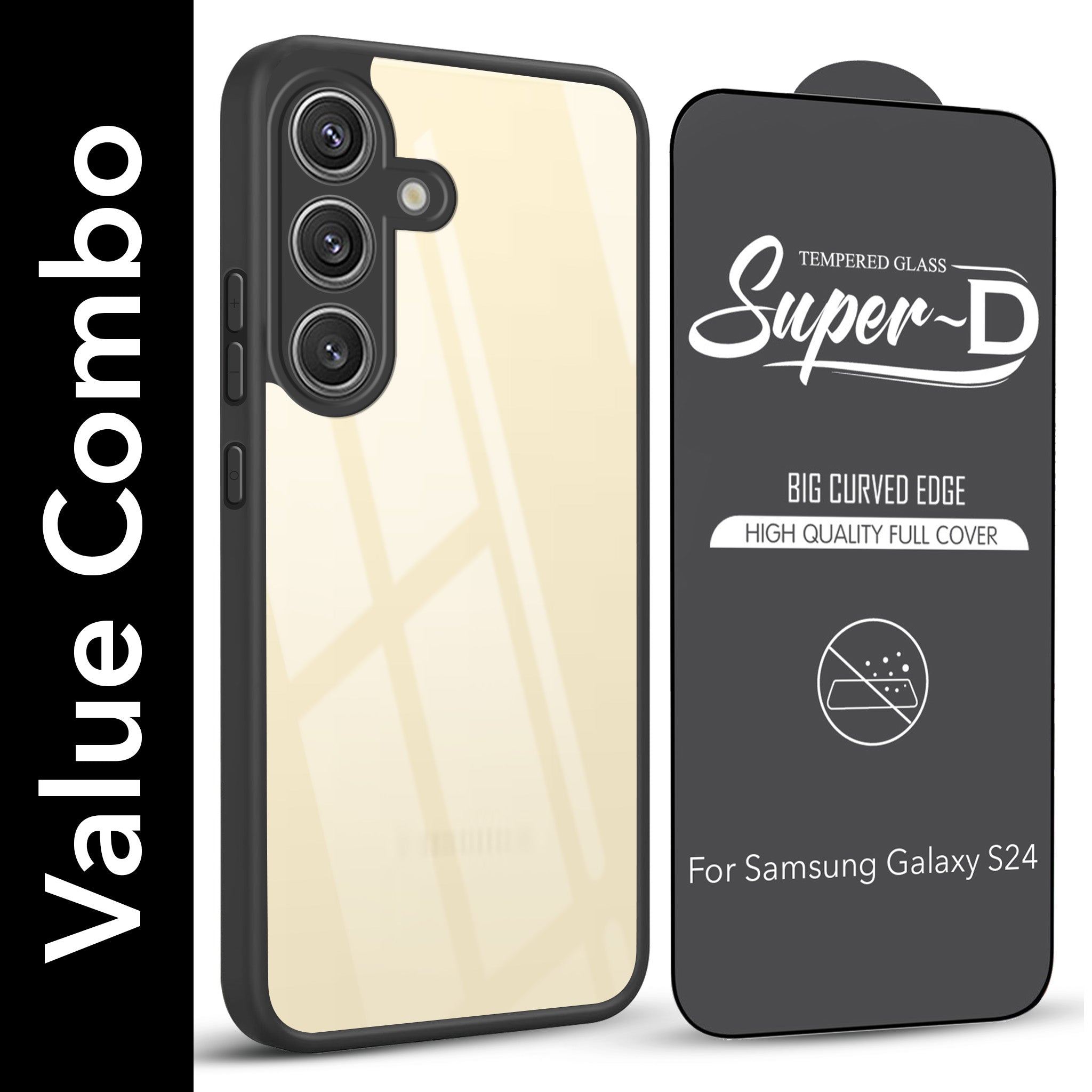 For Samsung Galaxy S24 Combo with Back Cover and 9H Tempered Glass (Lifetime Anti-Yellow | Crystal Clear Shockproof | Oleophobic Coating Screen Glass)