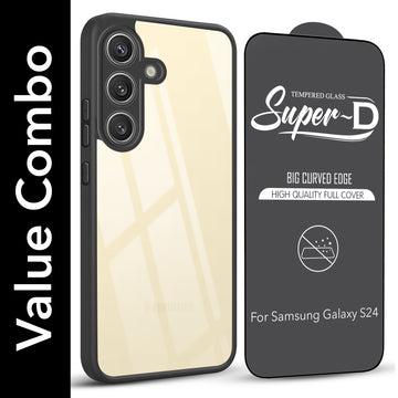 For Samsung Galaxy S24 Combo with Back Cover and 9H Tempered Glass (Lifetime Anti-Yellow | Crystal Clear Shockproof | Oleophobic Coating Screen Glass)