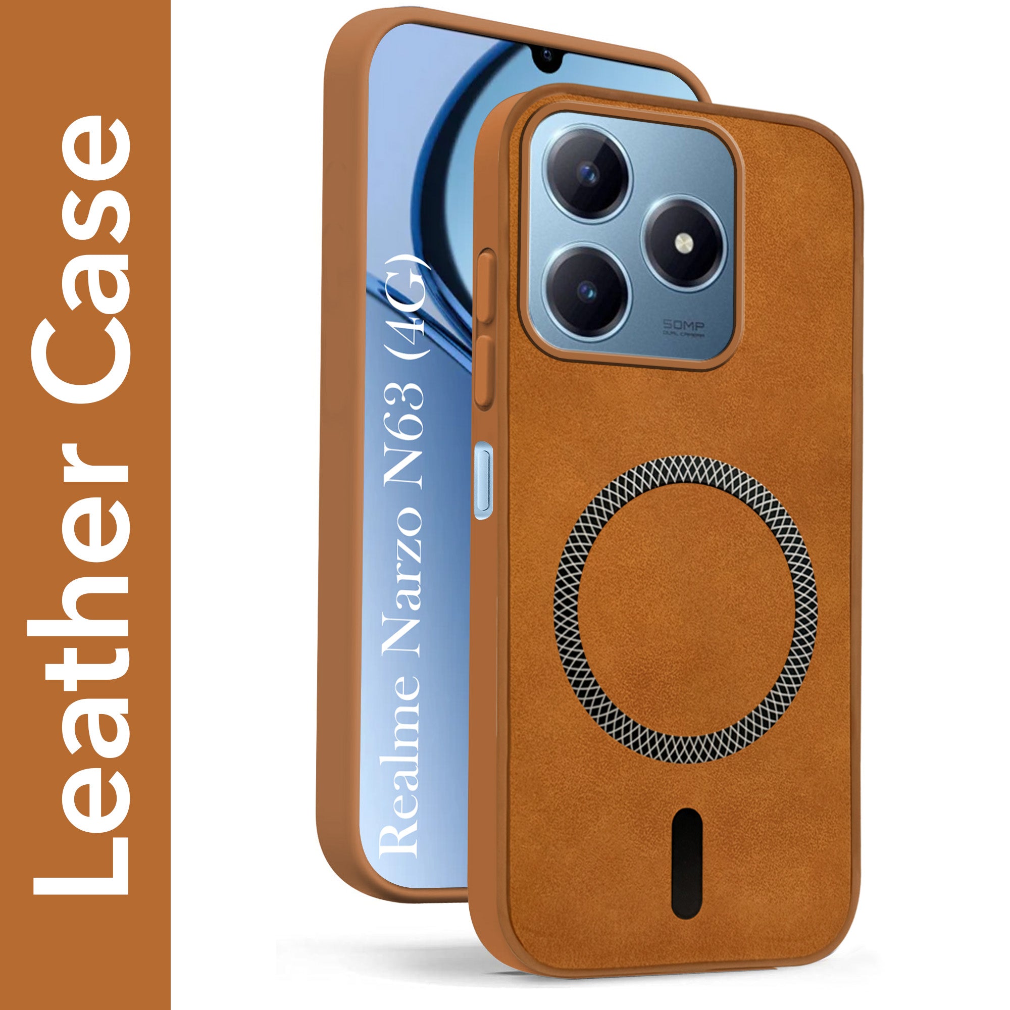 For Realme Narzo N63 Back Cover Case Leather Finish (MagSafe Compatible Wireless Charging | Soft Touch | Camera Bump Protection)
