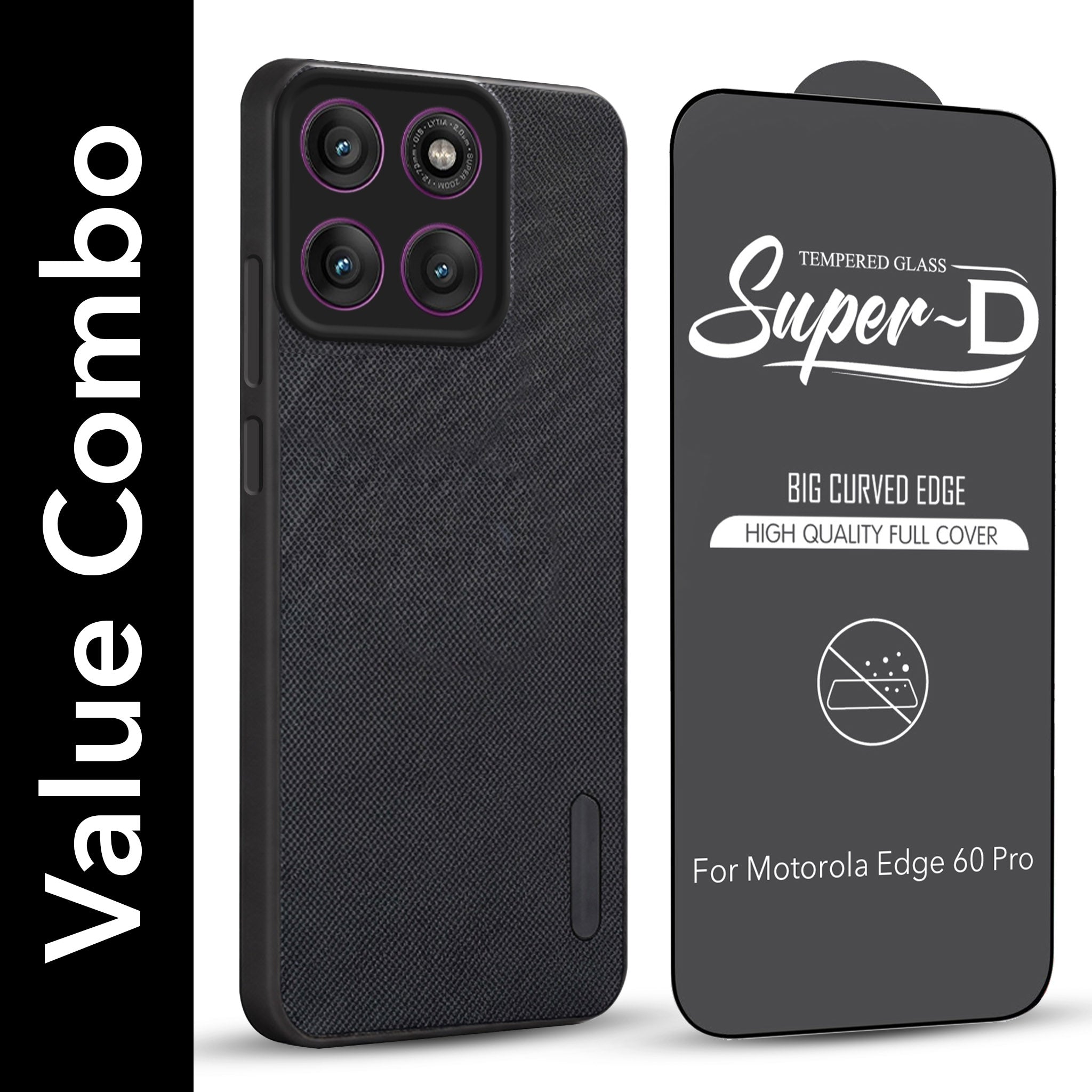 For Motorola Moto Edge 60 Pro Combo with Back Cover and 9H Tempered Glass (Textured Grip Design | Micro-Fiber Cloth Inside | Oleophobic Coating Screen Glass)