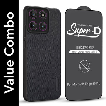 For Motorola Moto Edge 60 Pro Combo with Back Cover and 9H Tempered Glass (Textured Grip Design | Micro-Fiber Cloth Inside | Oleophobic Coating Screen Glass)