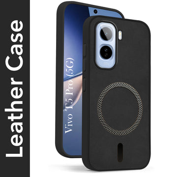 For Vivo T5 Pro 5G Back Cover Case Leather Finish (MagSafe Compatible Wireless Charging | Soft Touch | Camera Bump Protection)