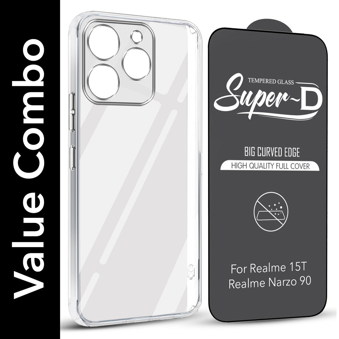 For Realme 15T | Realme Narzo 90 Combo with Back Cover and 9H Tempered Glass (Lifetime Anti-Yellow | Sleek Hard Crystal | Oleophobic Coating Screen Glass)