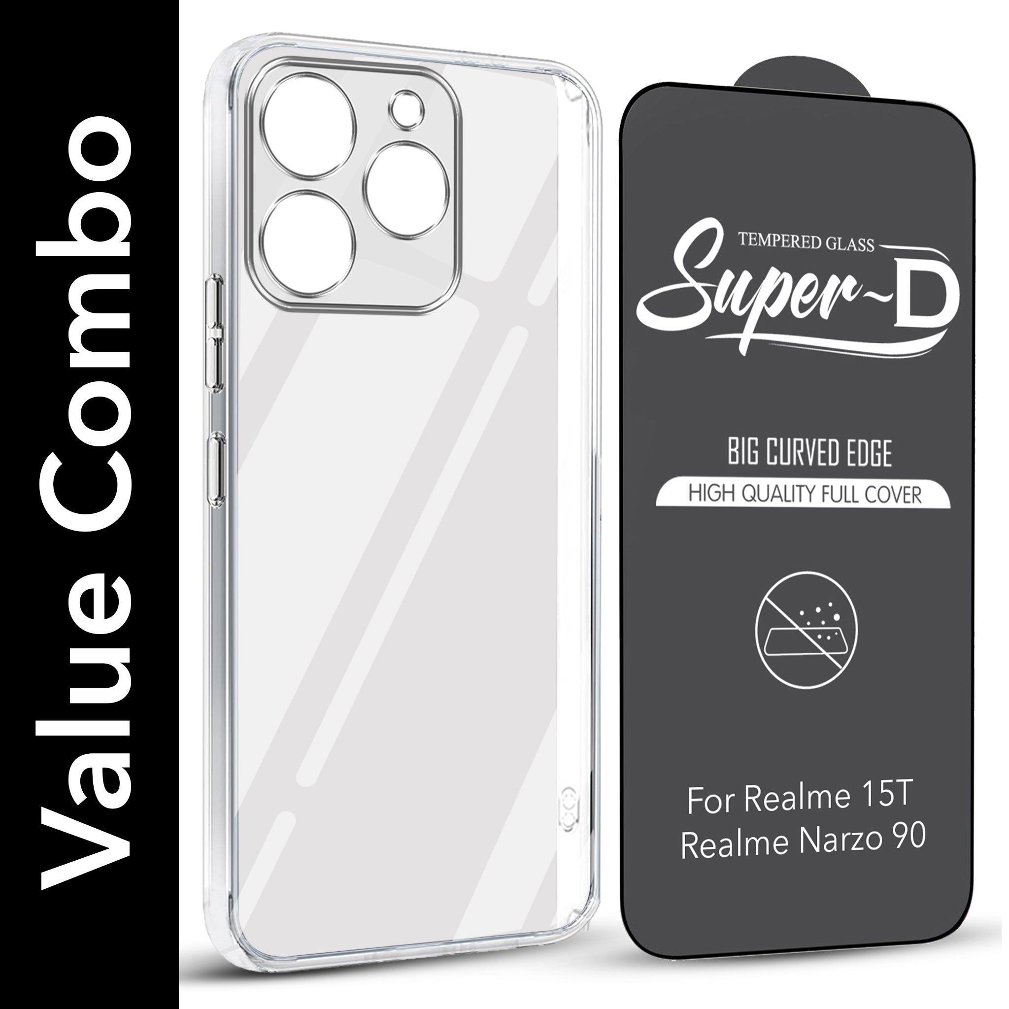 For Realme 15T | Realme Narzo 90 Combo with Back Cover and 9H Tempered Glass (Lifetime Anti-Yellow | Sleek Hard Crystal | Oleophobic Coating Screen Glass)
