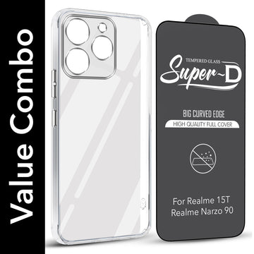 For Realme 15T | Realme Narzo 90 Combo with Back Cover and 9H Tempered Glass (Lifetime Anti-Yellow | Sleek Hard Crystal | Oleophobic Coating Screen Glass)