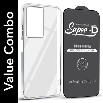 For Realme C75 5G Combo with Back Cover and 9H Tempered Glass (Lifetime Anti-Yellow | Sleek Hard Crystal | Oleophobic Coating Screen Glass)
