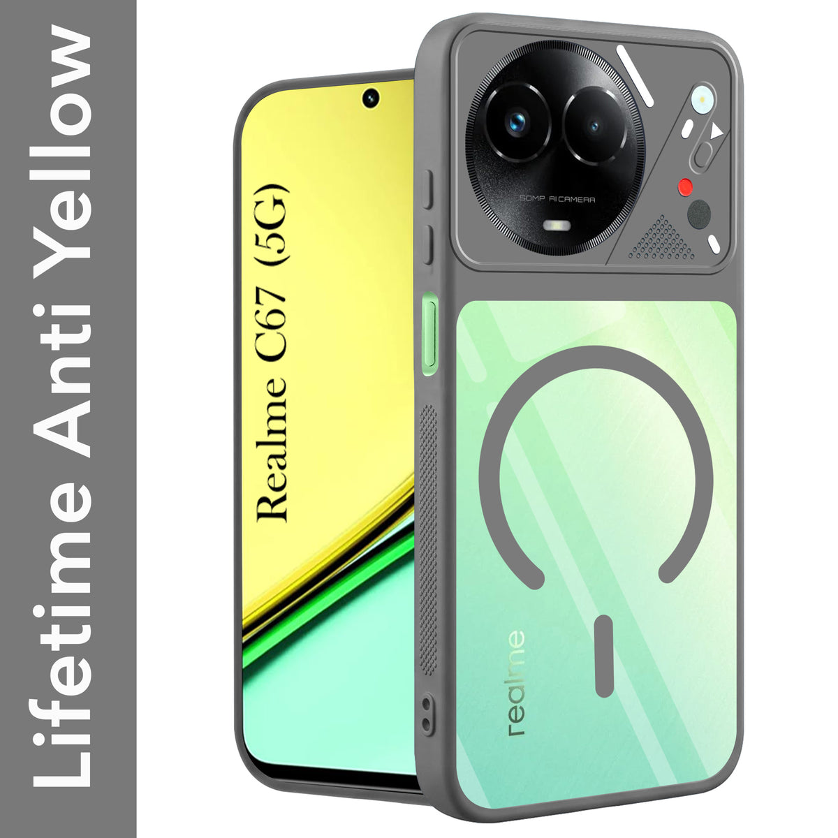 For Realme C67 Back Cover Case Lifetime Anti-Yellow Clear (Camera Protection | Side Grip | Wireless MagSafe Compatible)