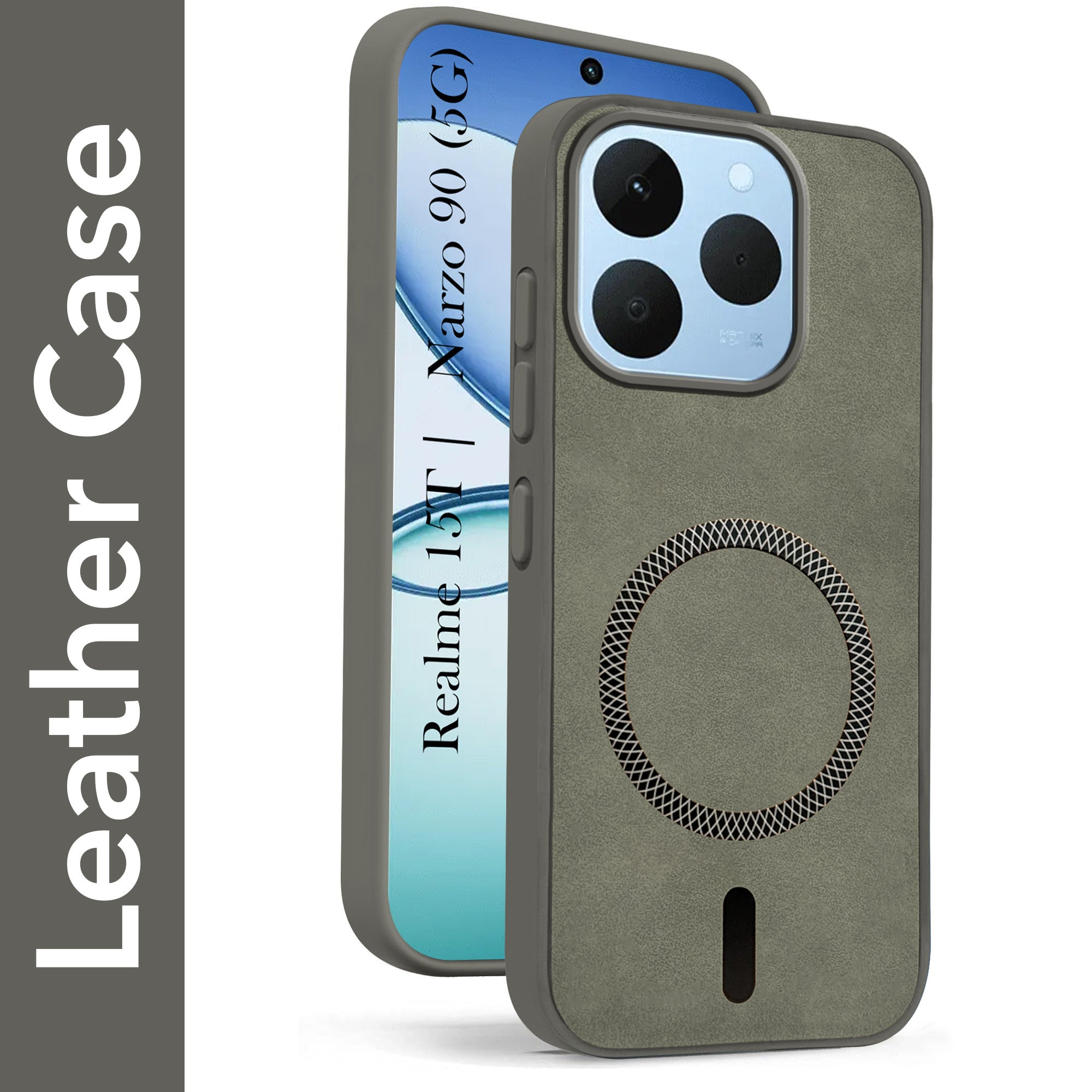 For Realme 15T | Realme Narzo 90 Back Cover Case Leather Finish (MagSafe Compatible Wireless Charging | Soft Touch | Camera Bump Protection)