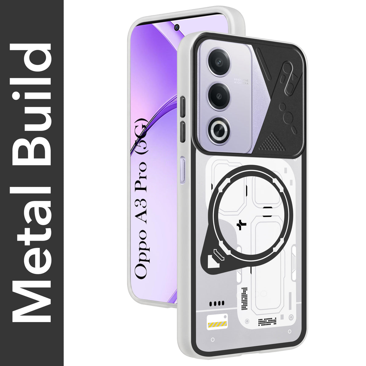 For Oppo A3 Pro 5G Metallic Back Cover Case (Metallic Camera Protection & Buttons | Translucent Milky Shade | Hard Polycarbonate)