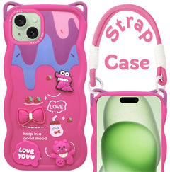 For Apple iPhone 15 Back Case Cover Strap (3D Embossed Figures | Strap Holder | 360* Soft Cushion with Camera Bump)