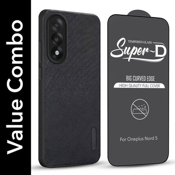 For Oneplus Nord 5 Combo with Back Cover and 9H Tempered Glass (Textured Grip Design | Micro-Fiber Cloth Inside | Oleophobic Coating Screen Glass)