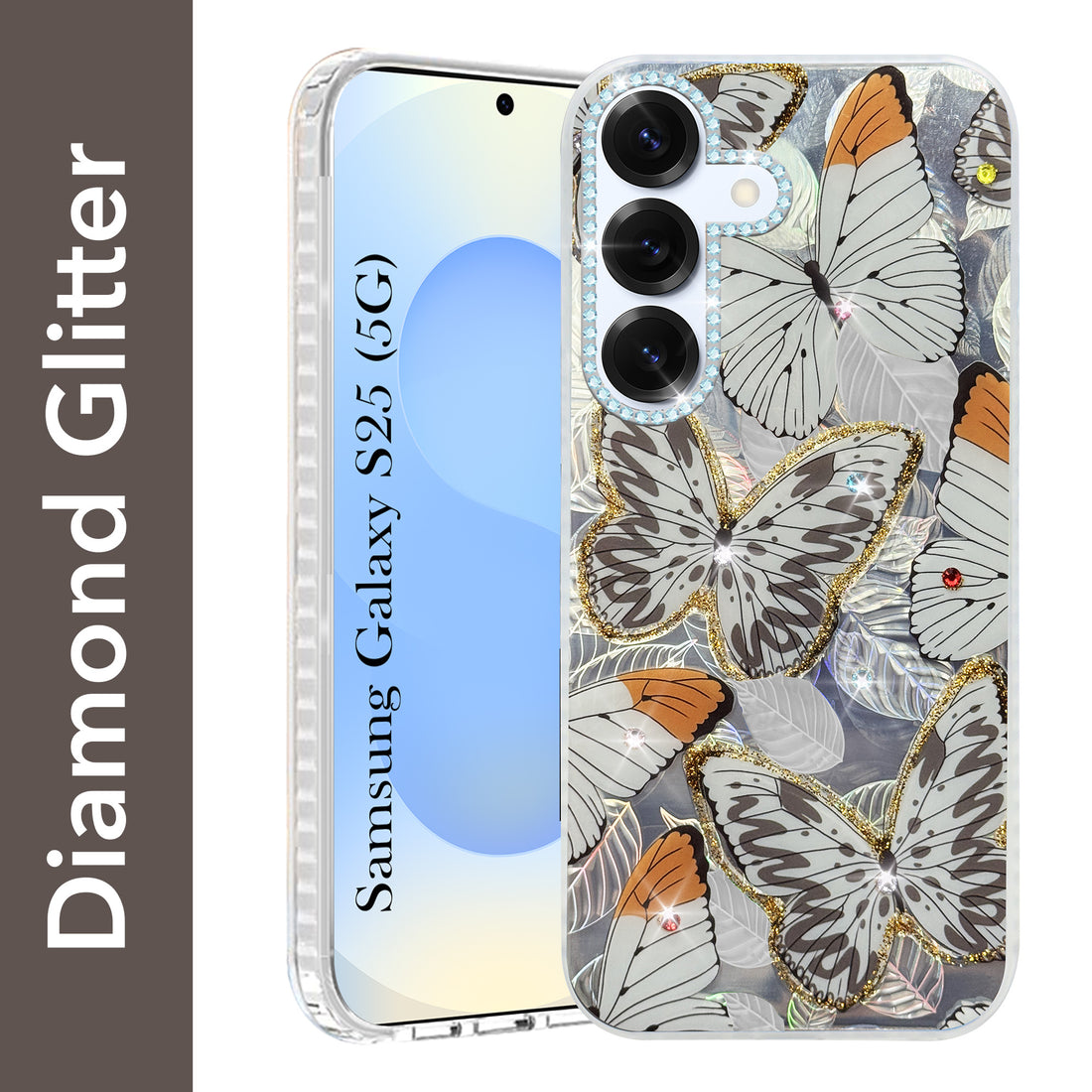 For Samsung Galaxy S25 Back Cover Case (Luxury Floral Glitter Cute Butterfly | Diamond Studded Camera Bump | Girls & Women Design)
