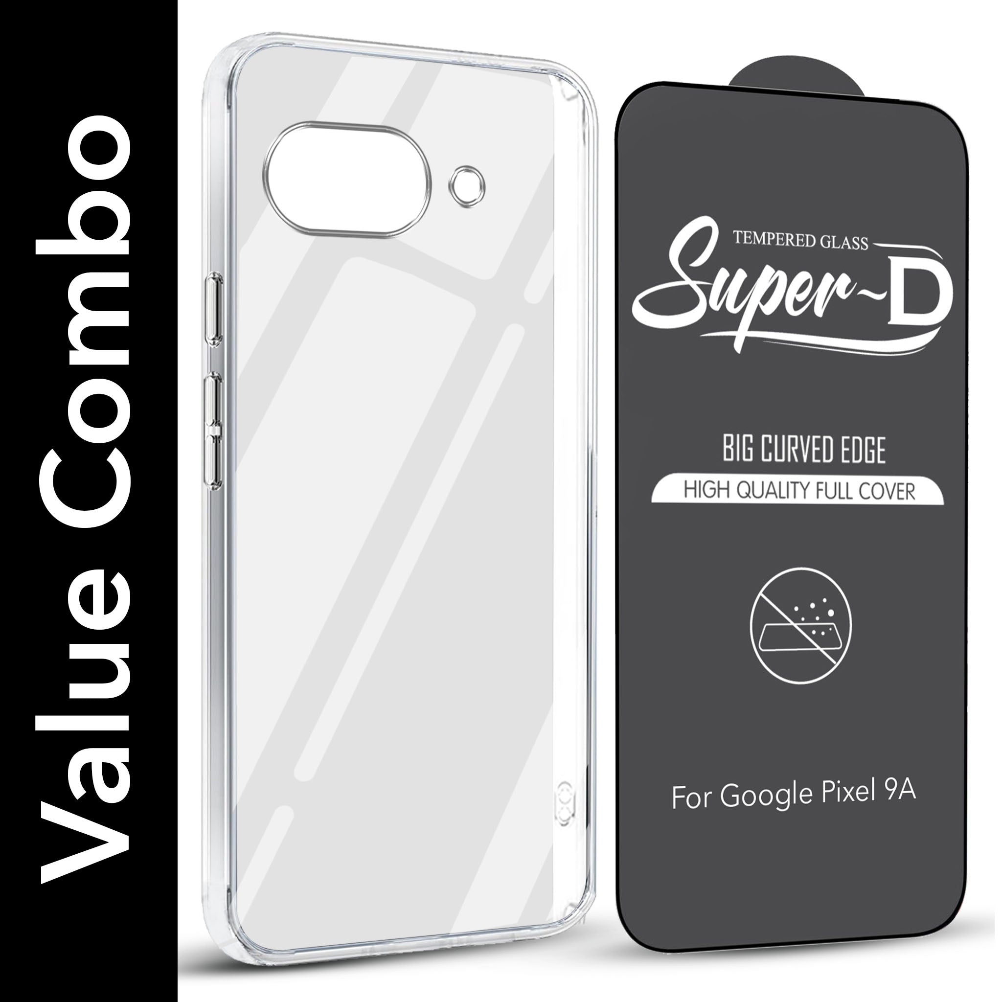 For Google Pixel 9A Combo with Back Cover and 9H Tempered Glass (Lifetime Anti-Yellow | Sleek Hard Crystal | Oleophobic Coating Screen Glass)