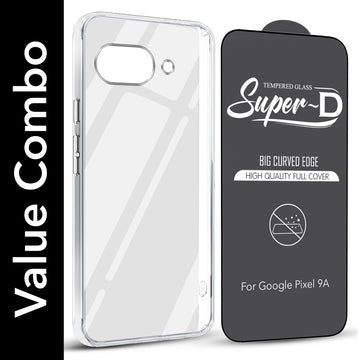 For Google Pixel 9A Combo with Back Cover and 9H Tempered Glass (Lifetime Anti-Yellow | Sleek Hard Crystal | Oleophobic Coating Screen Glass)
