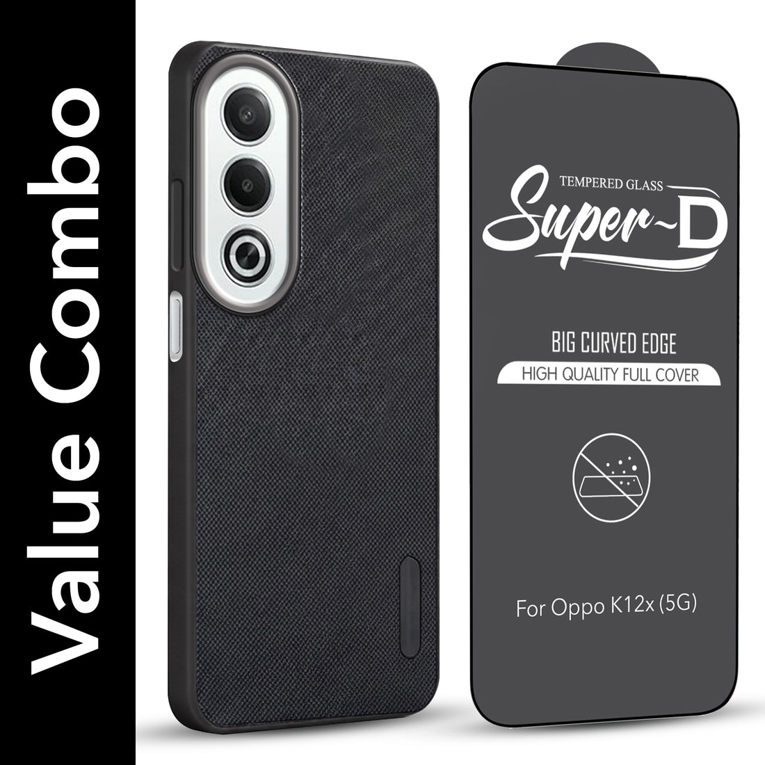 For Oppo K12x 5G Combo with Back Cover and 9H Tempered Glass (Textured Grip Design | Micro-Fiber Cloth Inside | Oleophobic Coating Screen Glass)