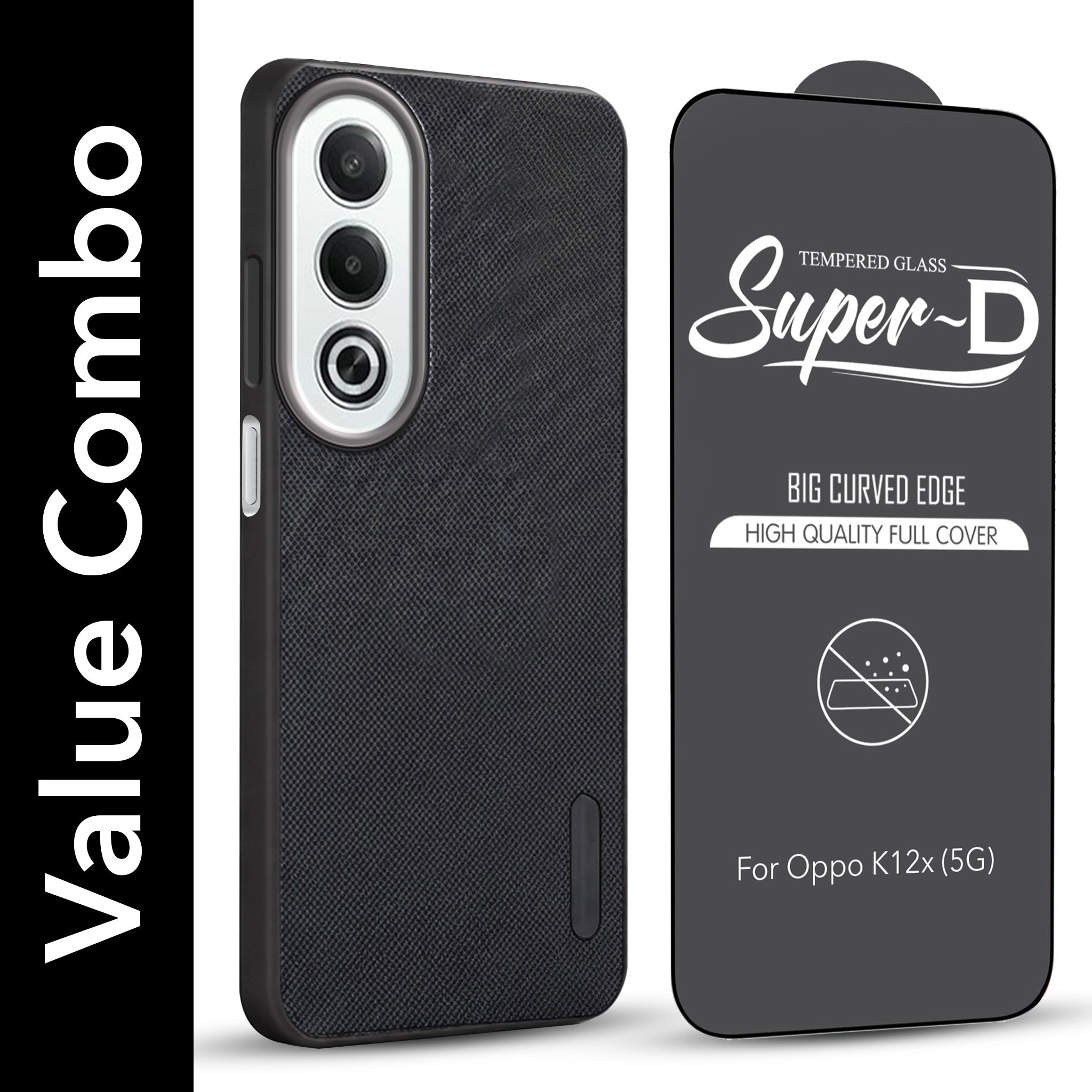 For Oppo K12x 5G Combo with Back Cover and 9H Tempered Glass (Textured Grip Design | Micro-Fiber Cloth Inside | Oleophobic Coating Screen Glass)