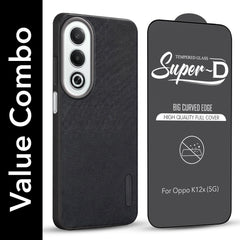 For Oppo K12x 5G Combo with Back Cover and 9H Tempered Glass (Textured Grip Design | Micro-Fiber Cloth Inside | Oleophobic Coating Screen Glass)