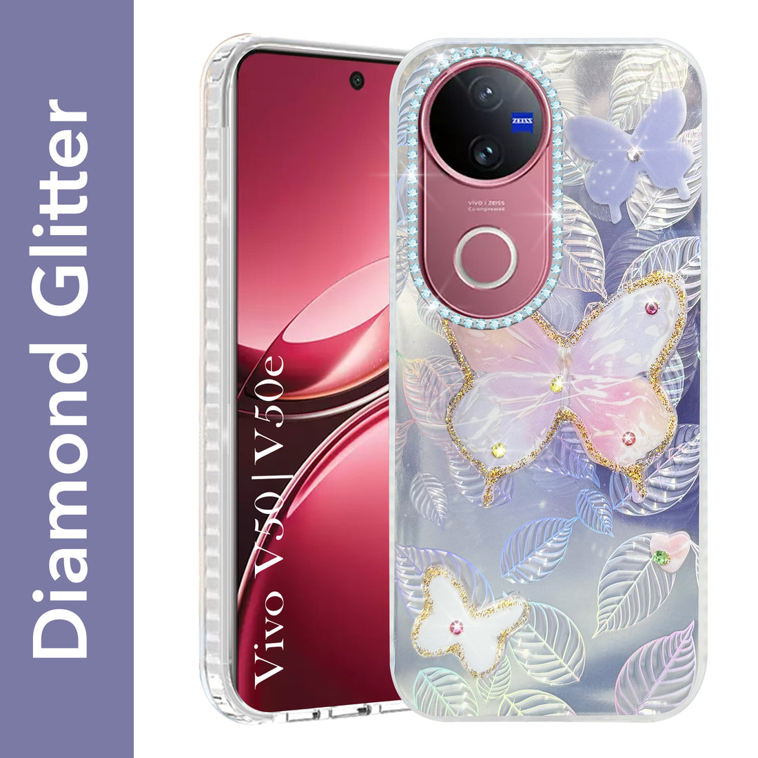 For Vivo V50 | Vivo V50e Back Cover Case (Luxury Floral Glitter Cute Butterfly | Diamond Studded Camera Bump | Girls & Women Design)