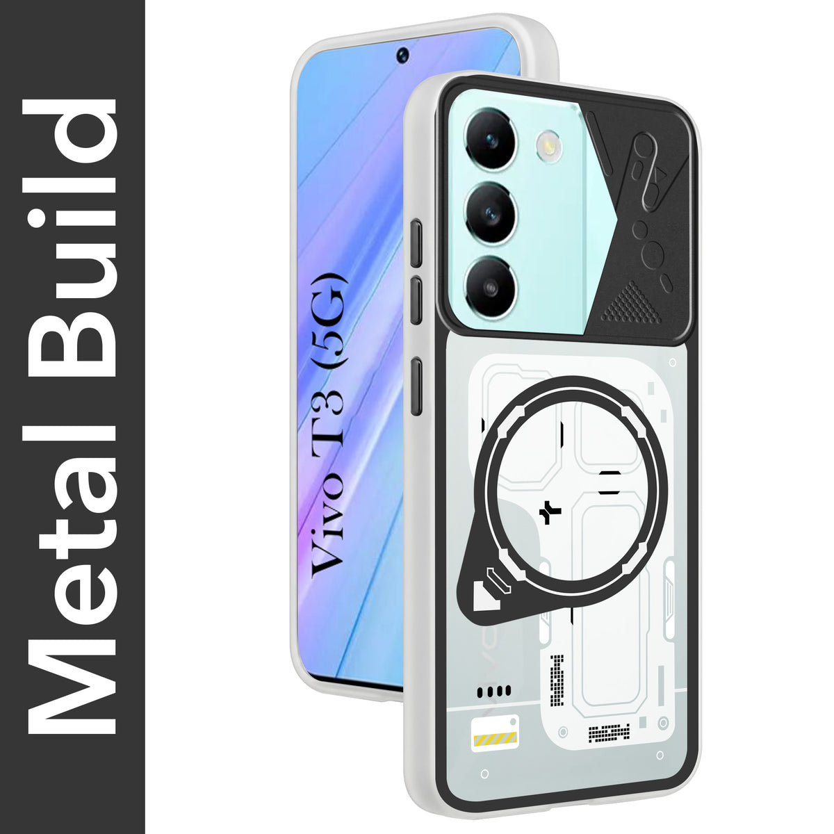 For Vivo T3 5G Metallic Back Cover Case (Metallic Camera Protection & Buttons | Translucent Milky Shade | Hard Polycarbonate)